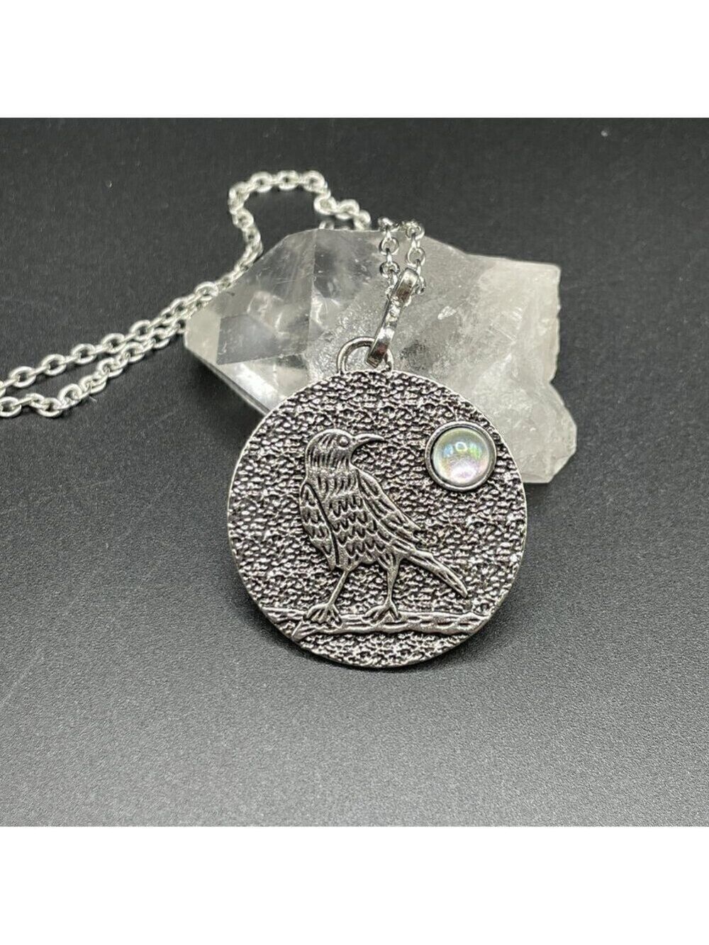 Medium Raven Silver Tone Moon Moonstone Pendant and Necklace #1338